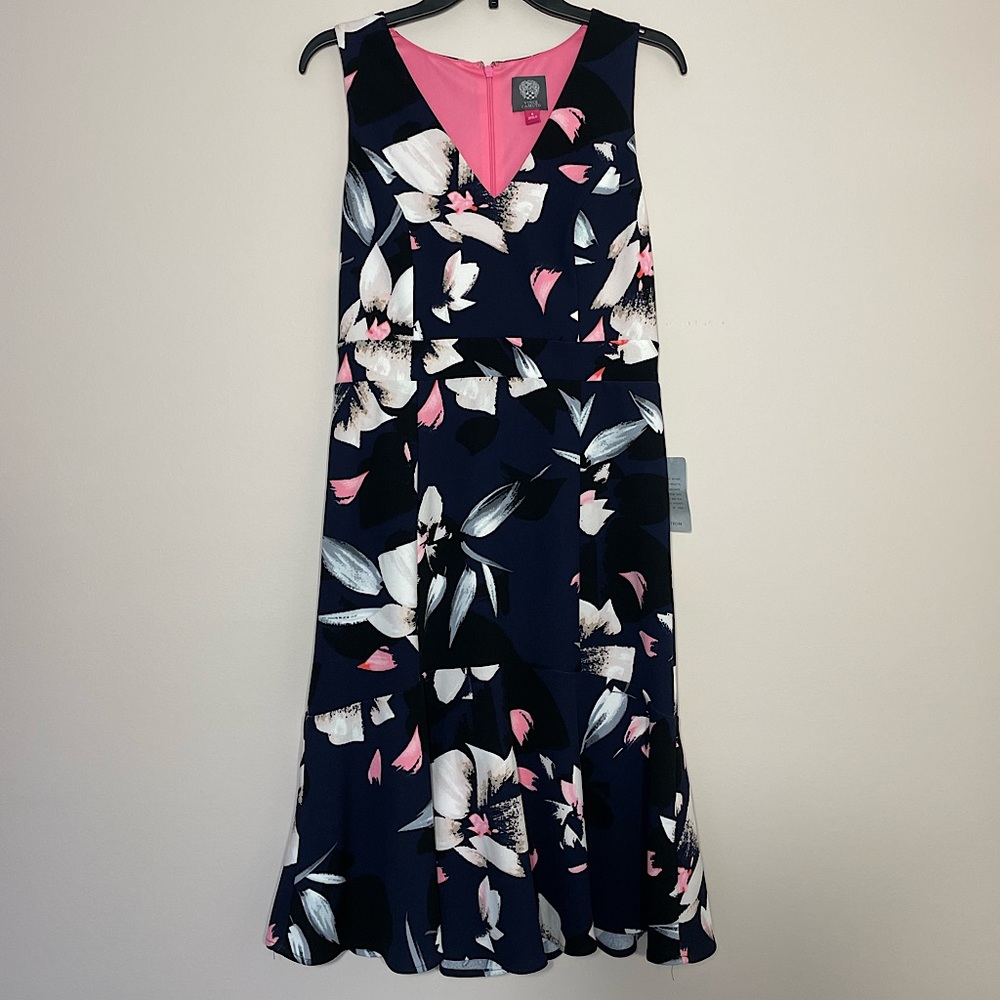 Vince Camuto dress, size 6, v-cut, navy blue and pink floral